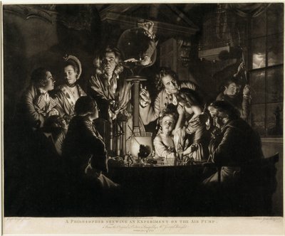 Een filosoof toont een experiment met de luchtpomp, gegraveerd door Valentine Green (1739-1813) 1769 door Joseph Wright of Derby